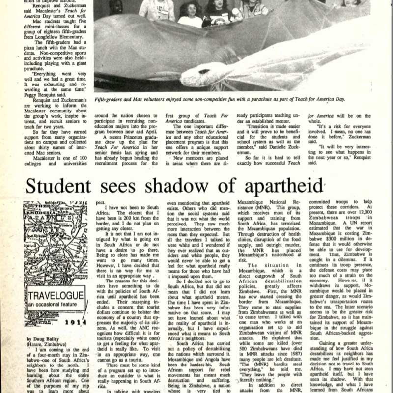 Articles on Teach for America and apartheid in The Mac Weekly, Feb 16, 1990